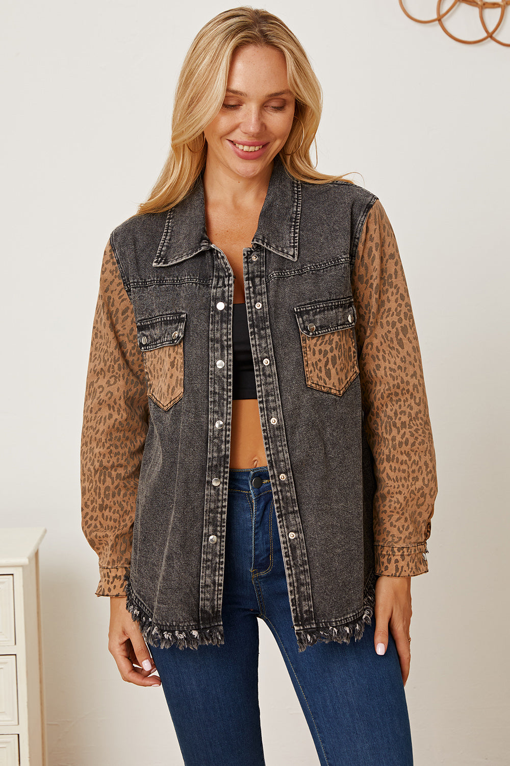 MeiMei Leopard Raw Hem Pocketed Denim Jacket