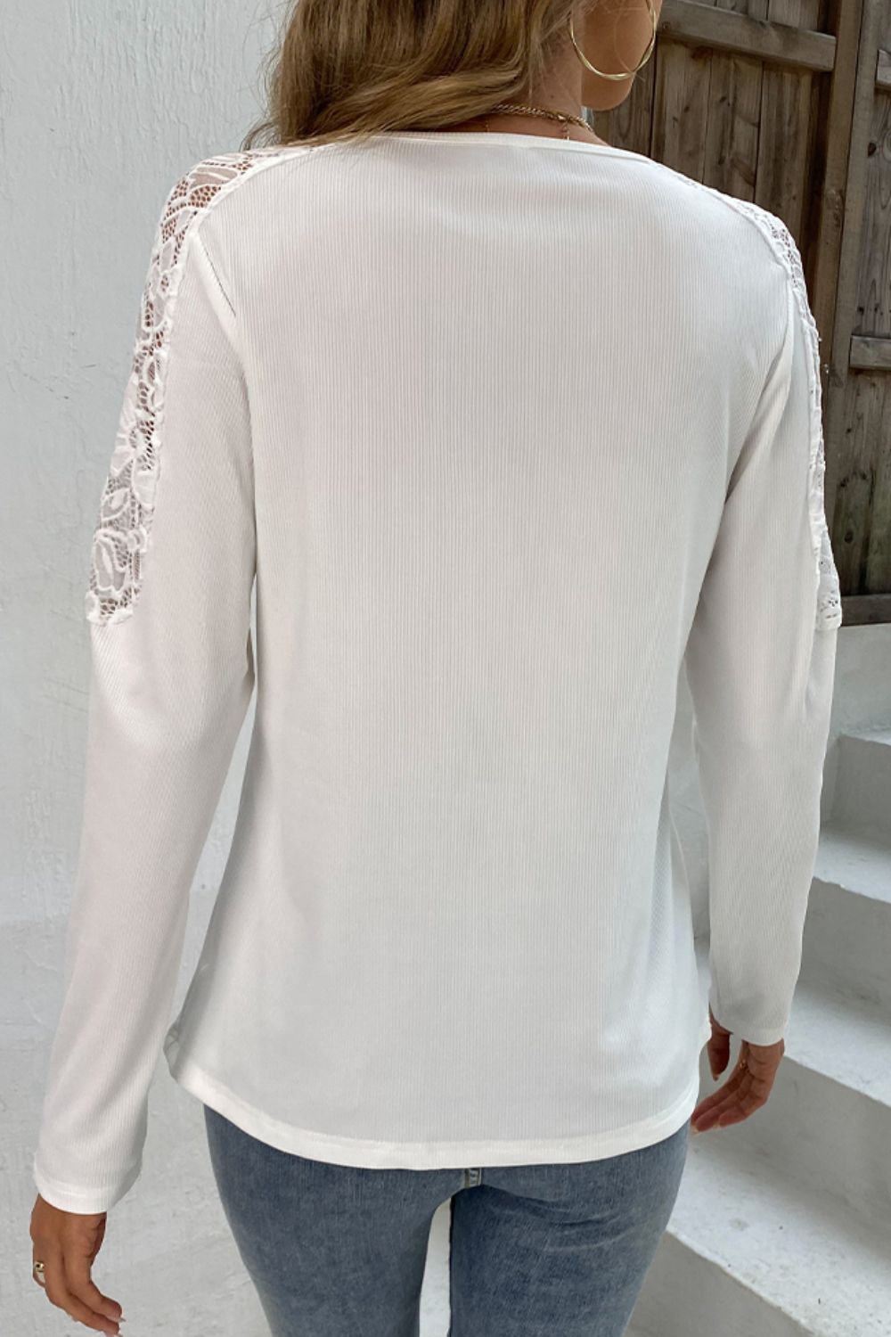 Shiny Spliced Lace Notched Neck Top