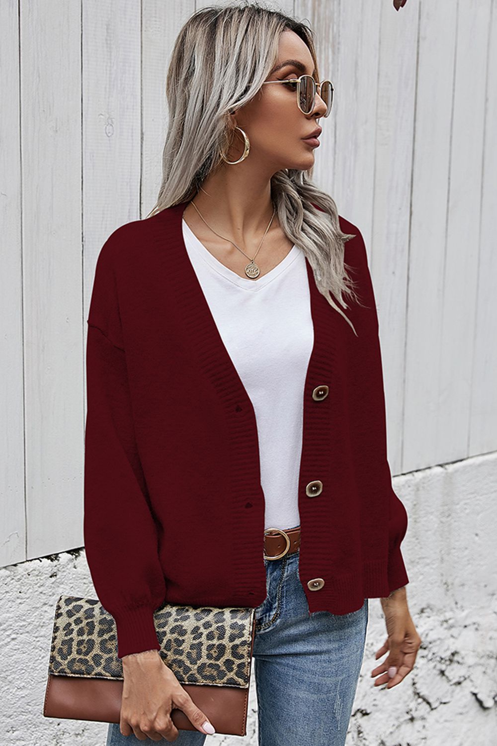 Shiny V-Neck Button-Down Dropped Shoulder Cardigan