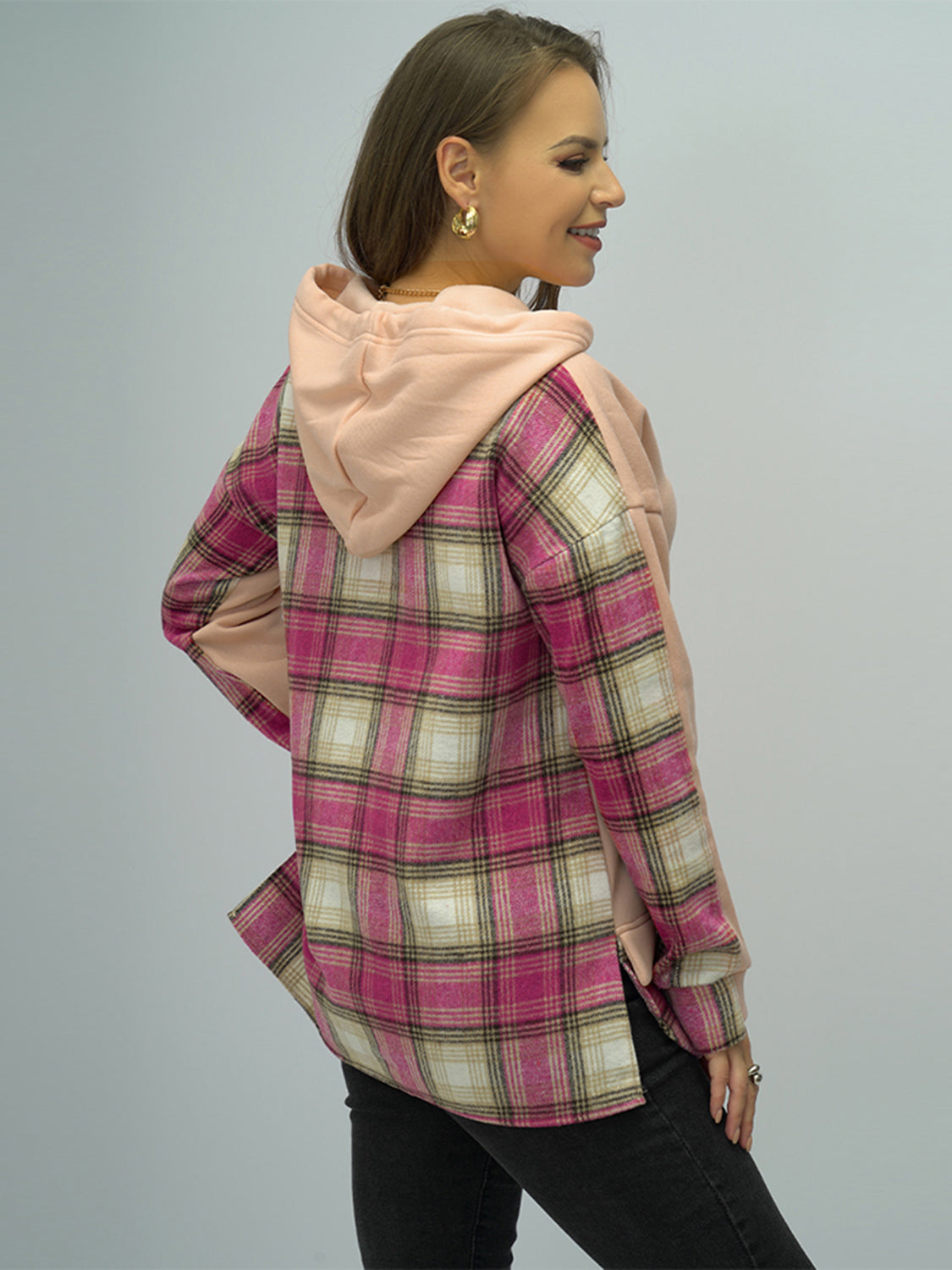 Shiny Plaid Drawstring Drop Shoulder Slit Hoodie