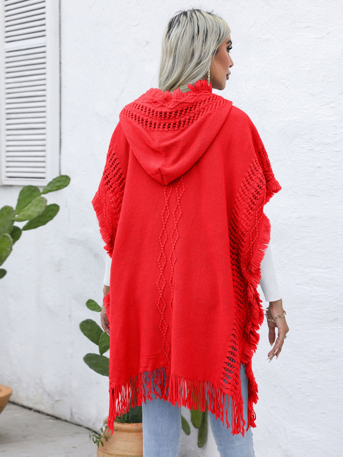 Fringe Trim Buttoned Hooded Poncho