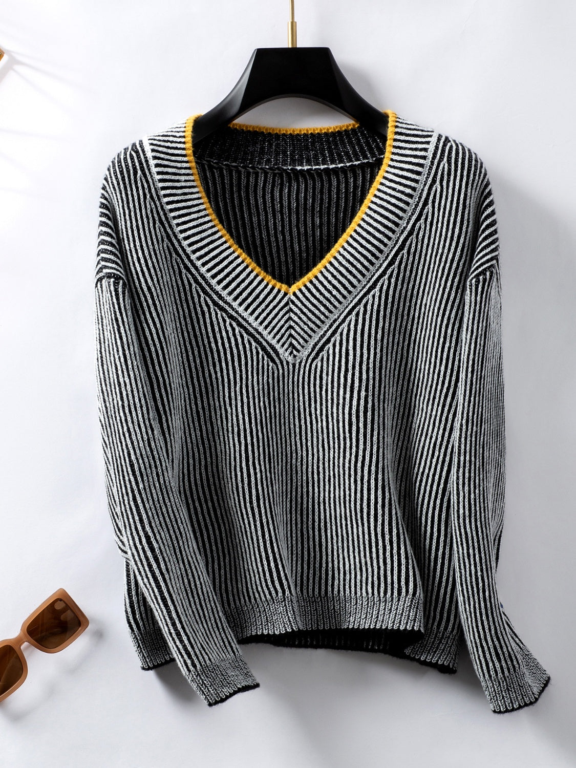 Striped V-Neck Long Sleeve Sweater