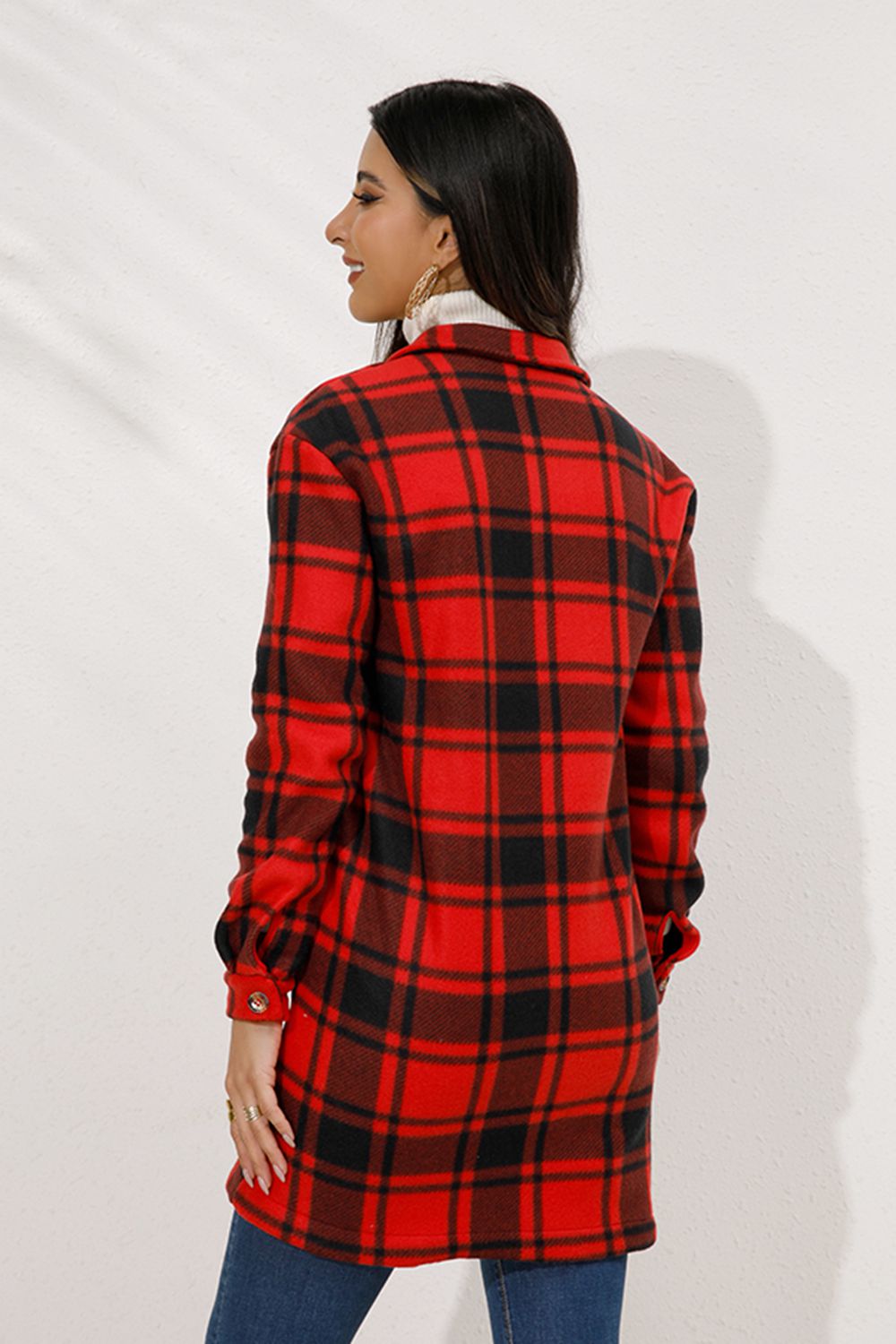 Shiny Plaid Collared Longline Coat