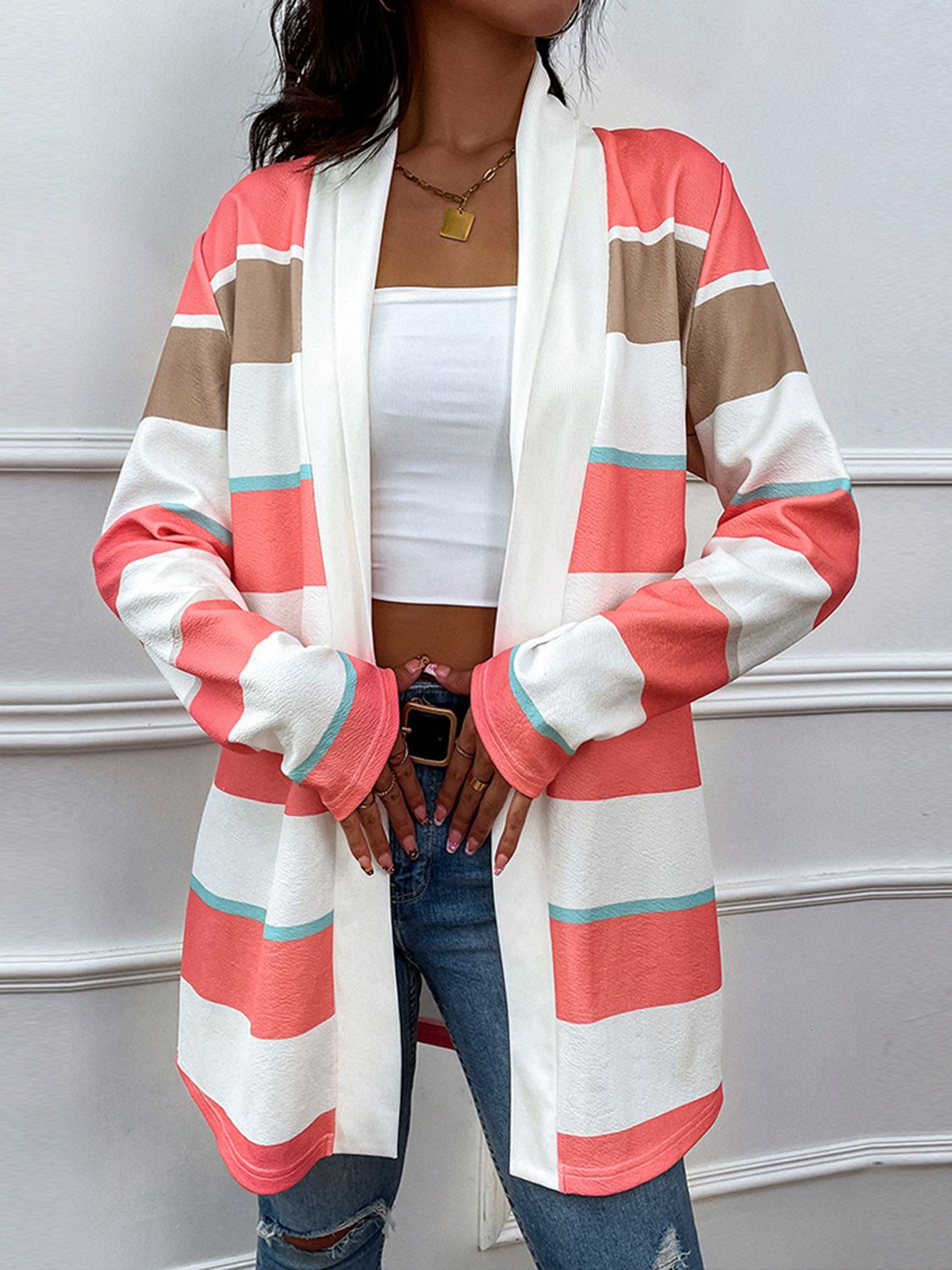 Shiny Striped Open Front Longline Cardigan