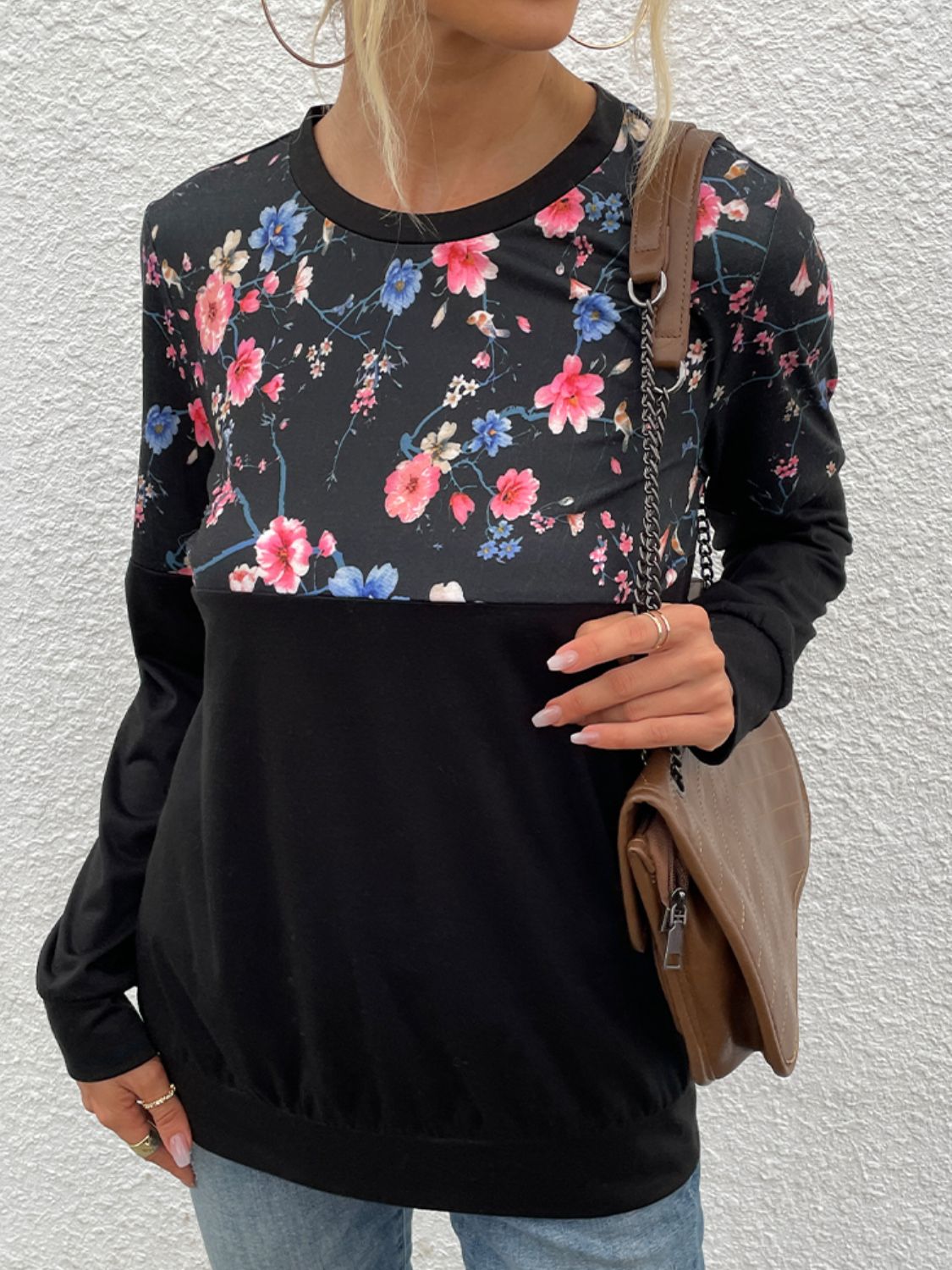 Shiny Floral Print Round Neck Dropped Shoulder Tee