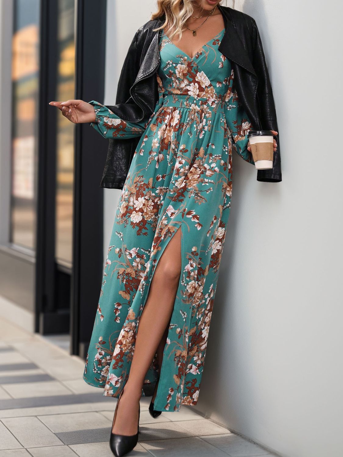 Perfee Slit Printed Surplice Long Sleeve Maxi Dress