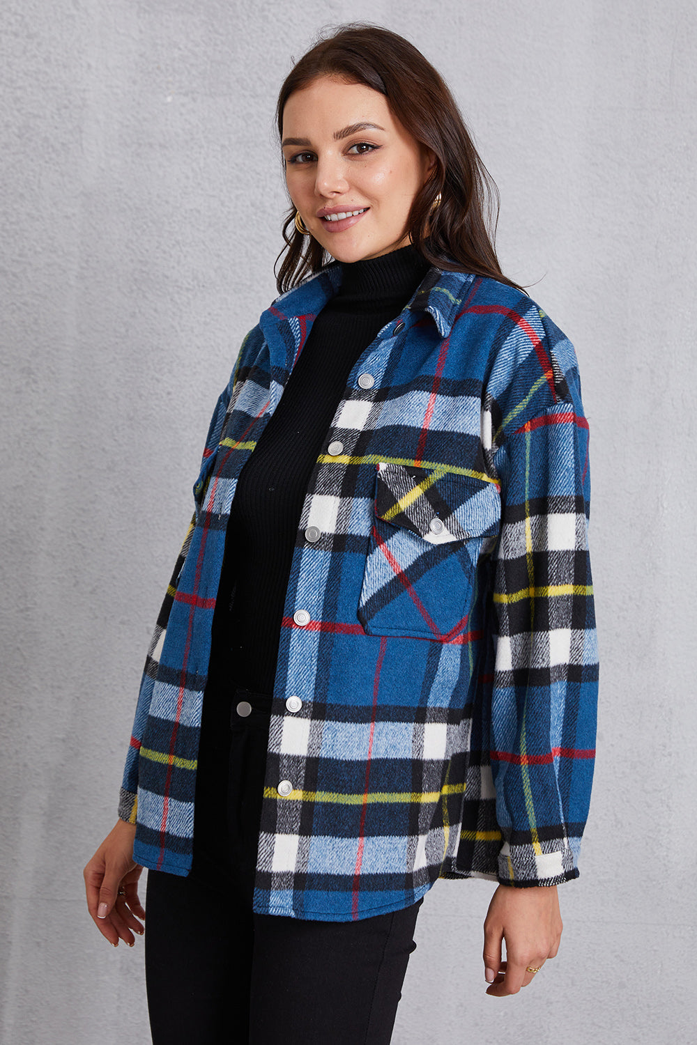 MeiMei Plaid Button Up Dropped Shoulder Jacket