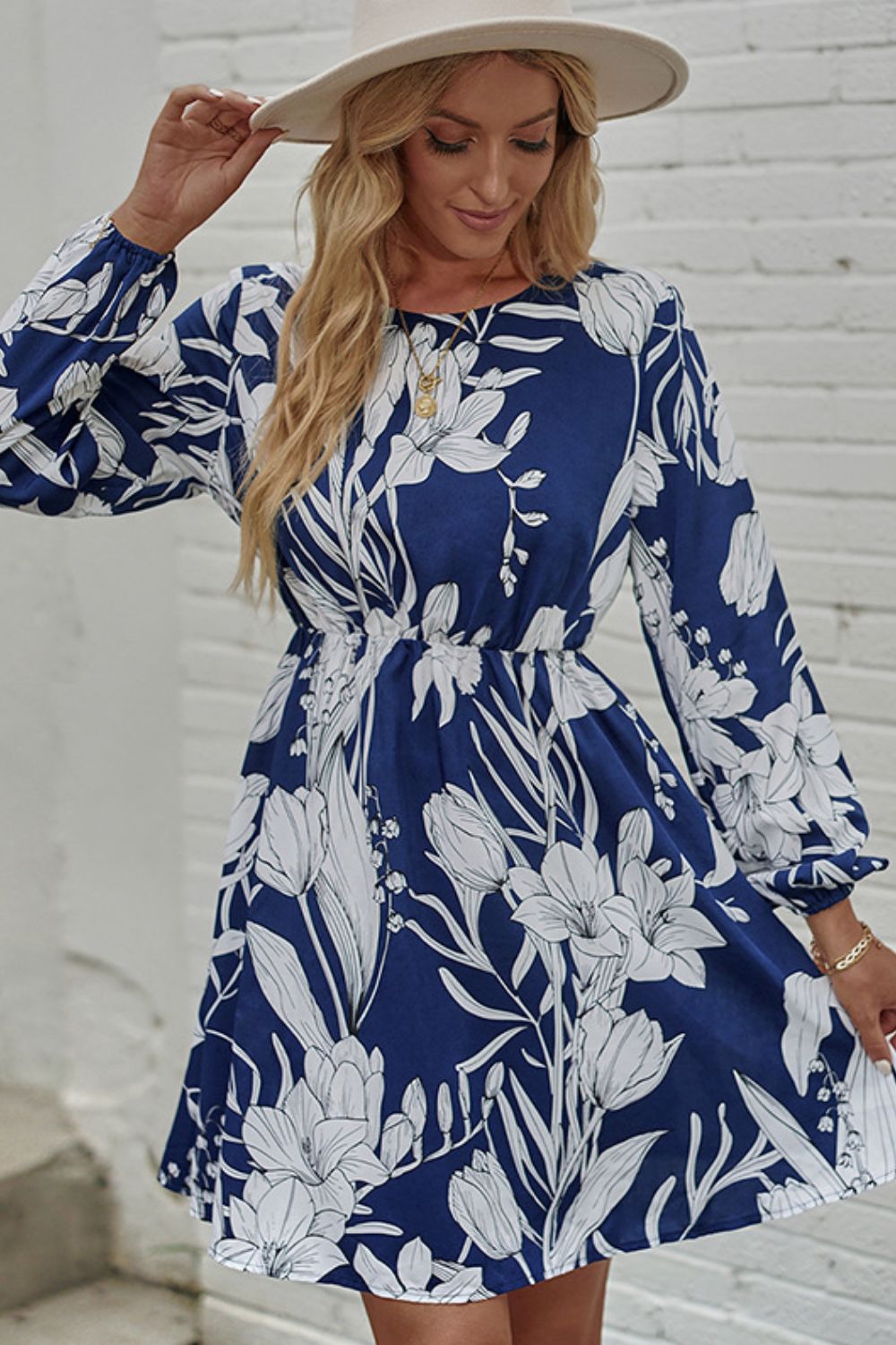 Honey Floral Round Neck Balloon Sleeve Mini Dress