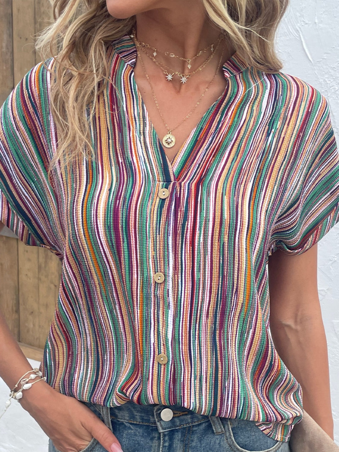 Shiny Striped Notched Short Sleeve Blouse