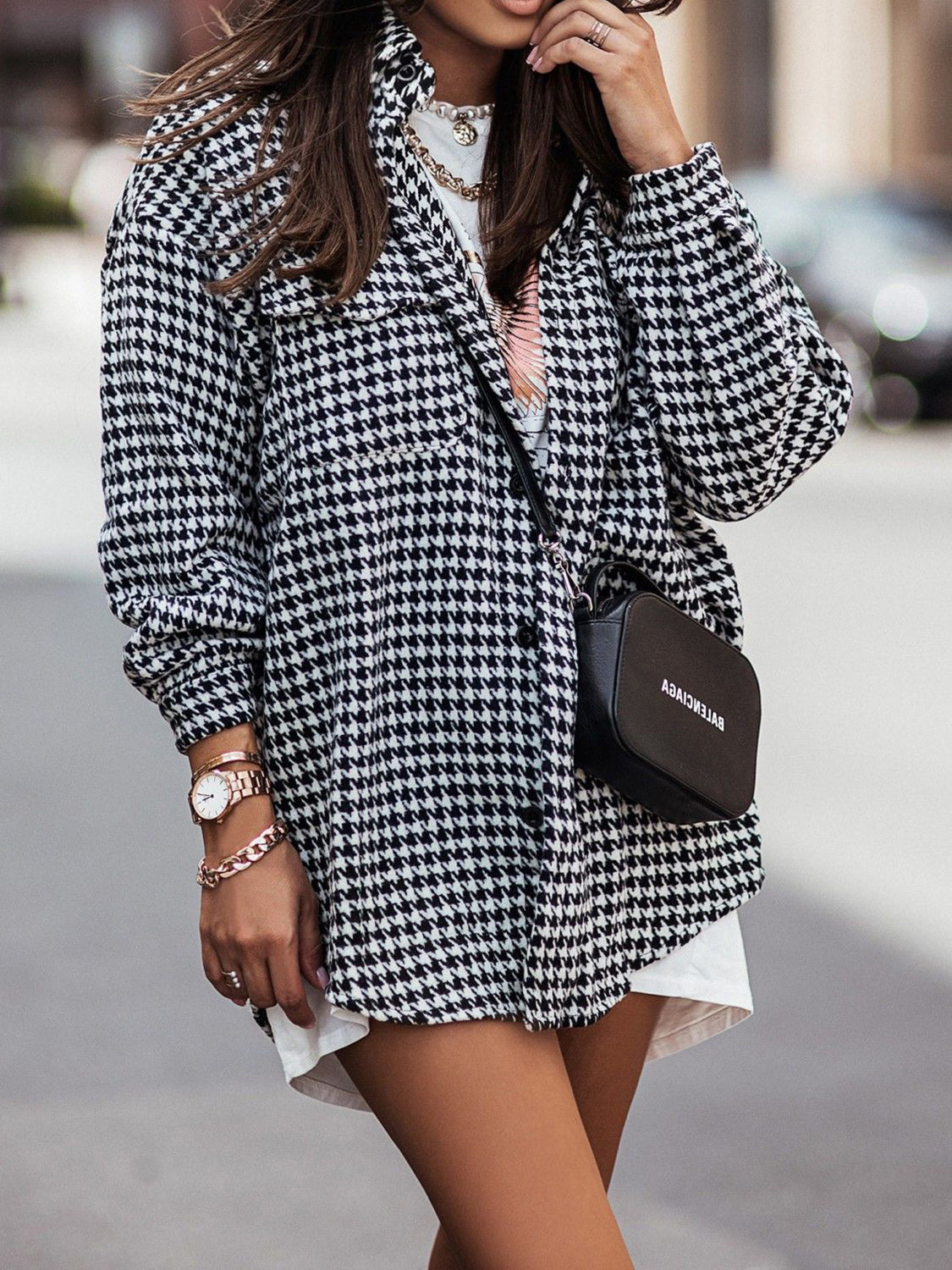 MeiMei Houndstooth Button Up Dropped Shoulder Jacket